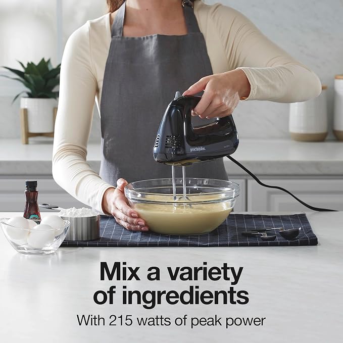 Proctor Silex Easy Mix 5-Speed Electric Hand Mixer with Bowl Rest | Compact and Lightweight | 215 Watts of Peak Power | Black | 62511
