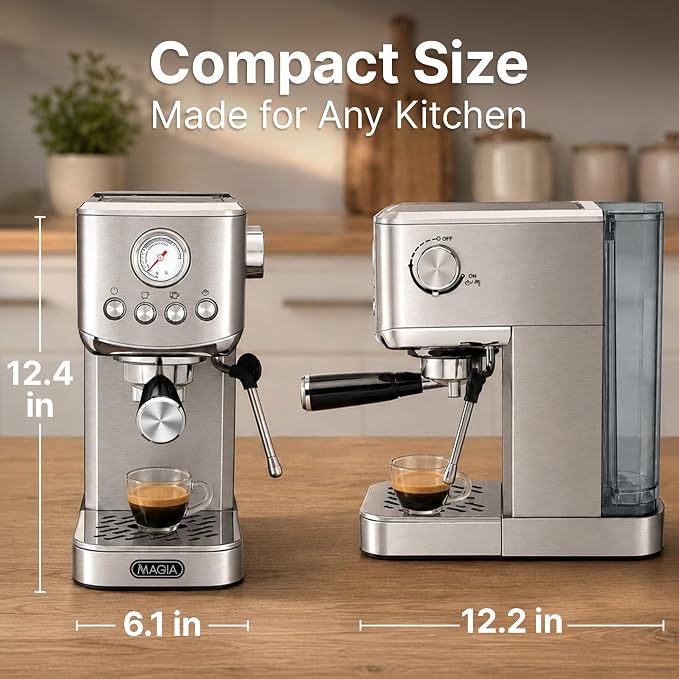 Zulay Magia Compact Espresso Machine – 20 Bar Small Espresso Machine with Milk Frother Steam, Latte & Cappuccino, Mini Espresso Machine 1350W Fast Heating, 40oz Water Tank, Stainless Steel – Silver
