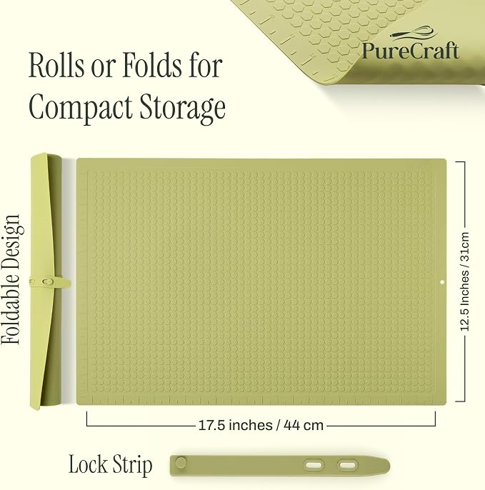 PureCraft Silicone Baking Mat, Double-Sided Non Stick Mat with Textured Airflow Surface, LFGB Certified Silicone, 17.5" x 12.5" Cookie Sheet Liner with embedded measurement markings, easy to store