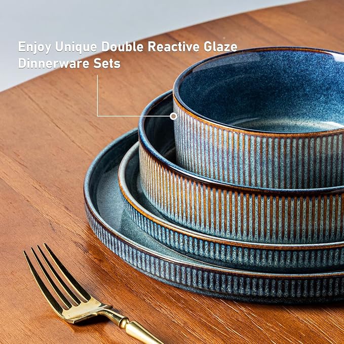 GBHOME Stoneware Dinnerware Sets for 4, 12-Piece Plates and Bowls Set | Handmade Reactive Glaze Ceramic Dish Set, Scratch Resistant, Dishwasher&Microwave Safe,Ceylon Blue