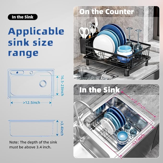 Dish Drying Rack for Kitchen Counter,Stainless Steel,Black | Space Saving,New Drain Outlet,Rotating Spout & Angled Drainboard for Quick Drainage,Removable Utensil Holder