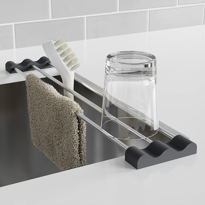 Tomorotec Adjustable Over-The-Sink Kitchen Rack, BPA-Free, Black | Holds 16.5 Lbs; For Dishcloths, Sponges, and Brushes - Heat-Resistant Stainless Steel with Slim, Expandable Design