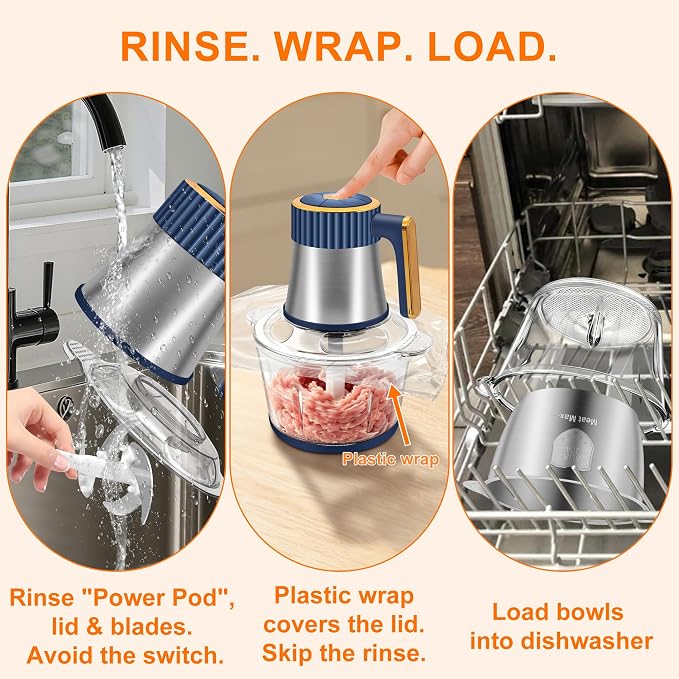 Food Processor, 5 Speed Meat Grinder with 2 Bowls(8 Cup+8 Cup), Blue | 4 Bi-Level Blades Electric Food Chopper, Mini Kitchen Cutter for Vegetable Onion Garlic Meat