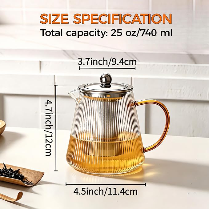 Glass Teapot with Removable Infuser, 25 oz (740 ml) | Borosilicate Glass Tea Pot for Loose Leaf Tea Steeper, Blooming Tea Maker and Brewer, Ideal Gift for Tea Lovers
