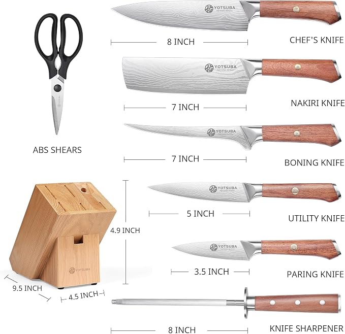 YOTSUBA 8 PCS Japanese Kitchen Knife Set with Block, Ultra Sharp Knives Set | Ergonomic Premium Natural Rosewood Handle, High Carbon Stainless Steel, Full Tang Construction, Poke-Proof Construction