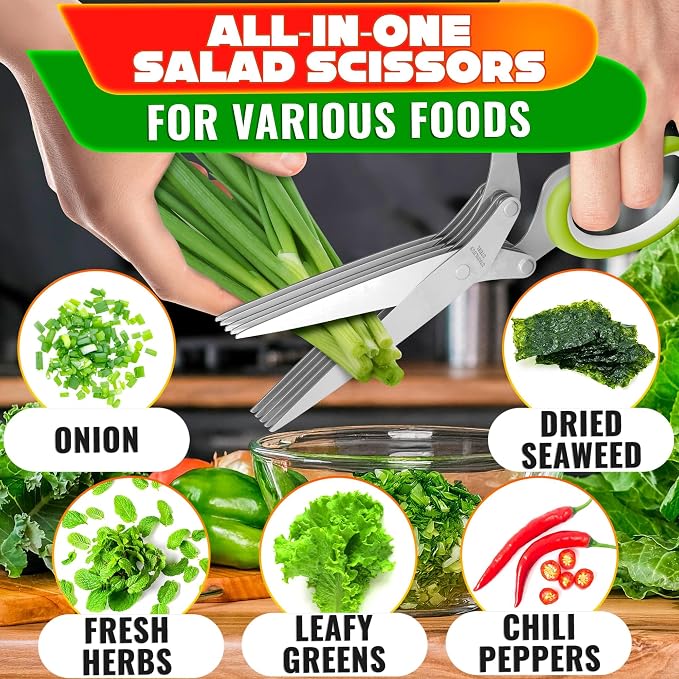 Herb Scissors with 5 Blades and Cover, Cleaning Brush, Even Cuts | Cilantro Cutter for Kitchen, Stainless Steel with Non-Slip Handle; Green Onion Scissors for Parsley, Salads and Greens