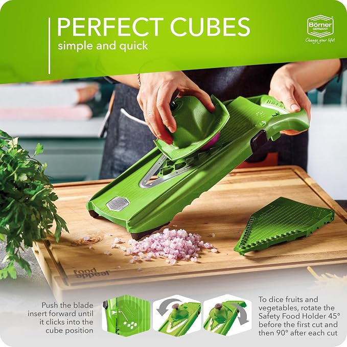 Börner Mandoline Slicer V5 (Starter Set) • Vegetable V-Slicer for Slices, Sticks & Dices in Various Sizes • With Stainless Steel V-Blade • Adjustable Kitchen Slicer • Color: Green
