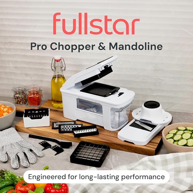 Fullstar Pro XL Vegetable Chopper & Mandoline Slicer w Pull-Out Catch Tray | 8 in 1 Veggie, Onion & Fruit Slicer, Dicer & Grater with Sharp Stainless Steel Blades - XL Food Prep Set (White)