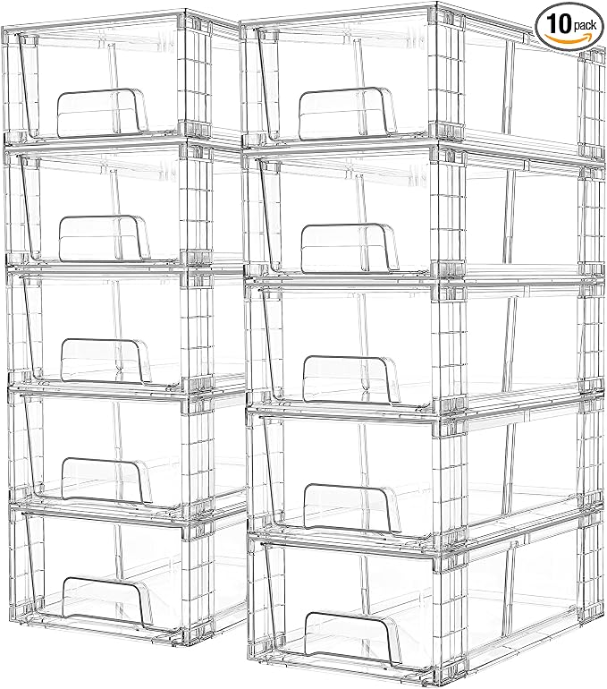 Vtopmart 10 Pack Stackable Clear Drawer with Dividers | Clear Drawer Organizers with Removable Dividers for Flexible storage. Stackable, Non-slip, for Fridge, Under Sink & Bthroom