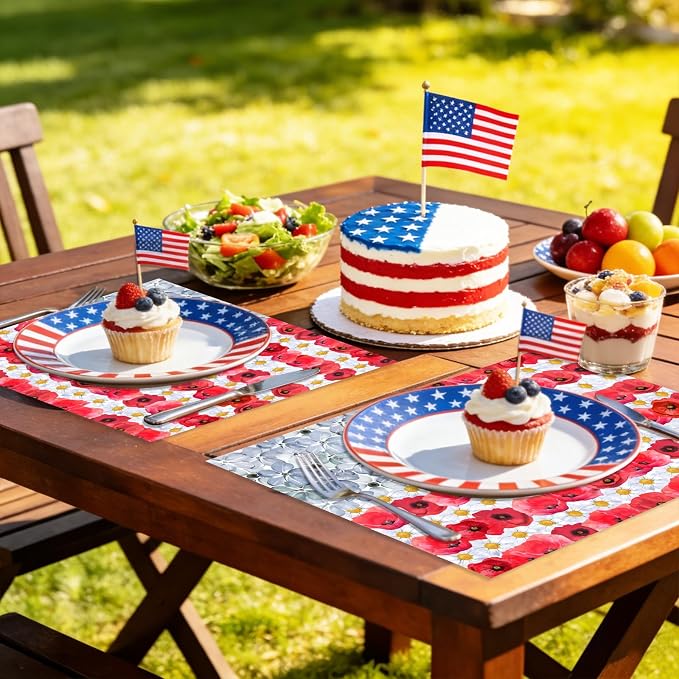 50 Pack Disposable Paper Placemats, Flower Patriotic Table Mats | Red White Blue Watercolor 4th of July Memorial Day