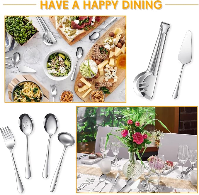 Patelai Serving Utensils Set Include Stainless Steel Large Spoons Slotted Spoons Forks Tongs Soup Ladle and Pie Server for Parties Buffet Catering, Dishwasher Safe(Silver,15 Pieces)