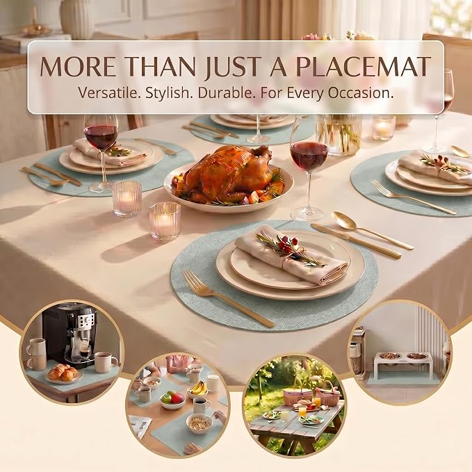 Faux Leather Placemats Set of 4, Wipeable Waterproof Stain Resistant Table Mats, Heat Resistant Thick Placemats with Hand-Painted Edges for Kitchen Dining, Imitative Linen Texture, Various Shapes