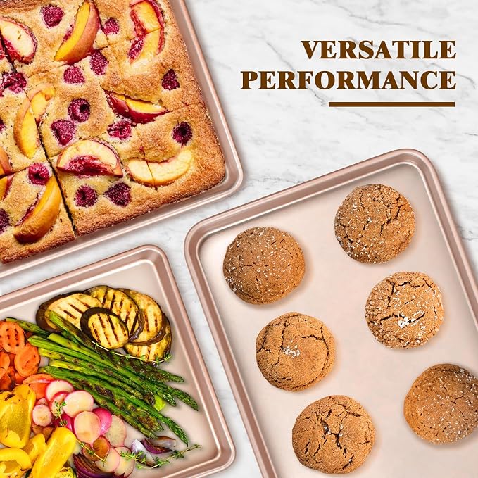 Wildone Baking Sheet Pan Set of 2, Nonstick Cookie Sheets for Baking | Thicker Carbon Steel Jelly Roll Pan Oven Tray 15x10 Inch, Heavy Duty & Easy Clean, Rose Gold