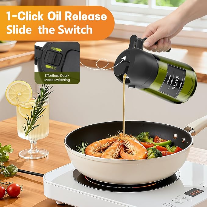 Olive Oil Sprayer & Dispenser for Cooking, 16oz Dark Glass Oil Mister, 2PC | 2-in-1 Oil Sprayer & Pourer, Fine mist, Light-Blocking, Wide Mouth, Easy Refill & Clean, 8 Oil Labels, Reusable, with Scale