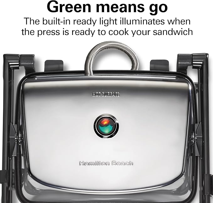 Hamilton Beach Panini Press, Sandwich Maker & Electric Indoor Grill | Floating Hinge Evenly Cooks Any Sandwich | Locking Lid | PFAS-Free Non-Stick 8" x 10" Grids | Chrome