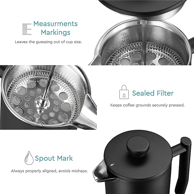 French Press Coffee Maker - 50oz Stainless Steel, Insulated Coffee Press | Large 6 Cup 50oz Capacity, Double Wall Keeps Coffee Hot, 4 Level Filter for Ground Free Coffee, 2 Extra Filters, Matte Black