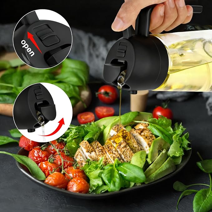 16oz/470ml Glass Olive Oil Sprayer & 2-in-1 Dispenser Bottle with Pour Spout for Cooking, Air Fryers, Salads, BBQs, and Kitchen Use(Black)