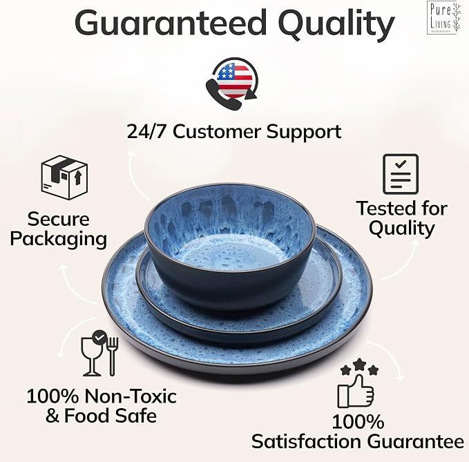 24 Piece Stoneware Dinnerware Set for 8, Handmade Plates and Bowls Set | Reactive Glaze Coating, Dishwasher & Microwave Safe Dish Set, Chip & Scratch Resistant Dishware Set, Dark & Deep Blue