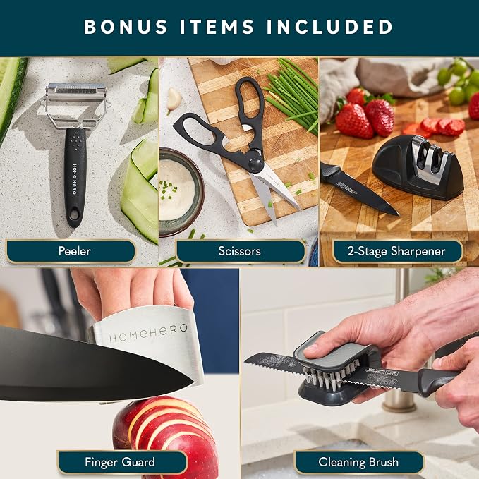 Home Hero Kitchen Knife Set - High Carbon Stainless Steel Blades & Built-In Sharpener - Ergonomic Handles & Cutlery Block Storage - Precision Cooking Prep with Chef Knife - 20 Pc, Black | High Carbon Stainless Steel Knife Set with Block - Built-In Shar...