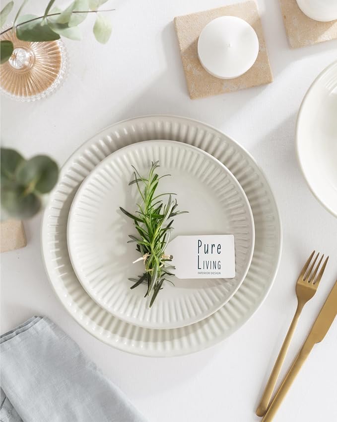 Stoneware Dinnerware Set for 4 People HYGGE 16-Piece - Elegant Scandi Design - Premium Dish Set - Bowl and Plate Set - Tableware for 4 People in a Ribbed Design - Pure Living in Beige