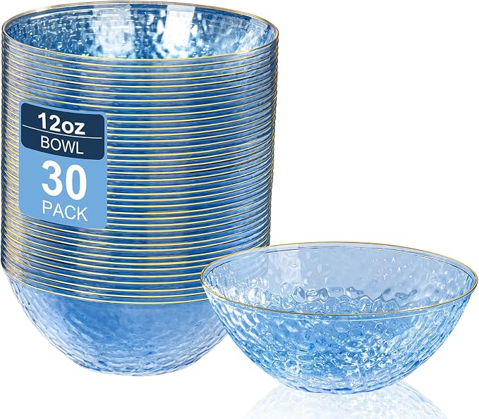 30 Pack 12 Ounce Blue Plastic Bowls Hammered Clear Bowl with Gold Rimmed, Heavy Duty Disposable Bowl Set,Elegant Small Bowls for Party, Weddings, Catering