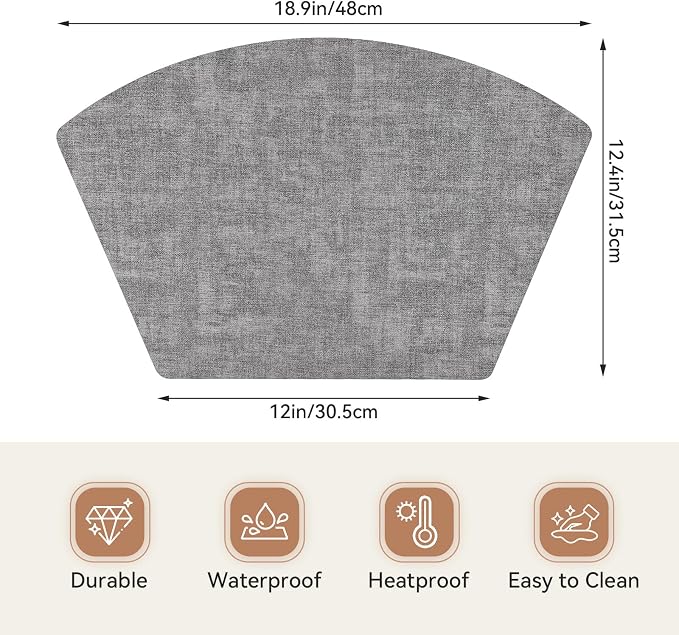 Round Table Placemats Set of 6, Faux Leather Wedge Shape Place Mats Heat Resistant Wipeable Washable Table Mats for Dining Outdoor Indoor, Gray