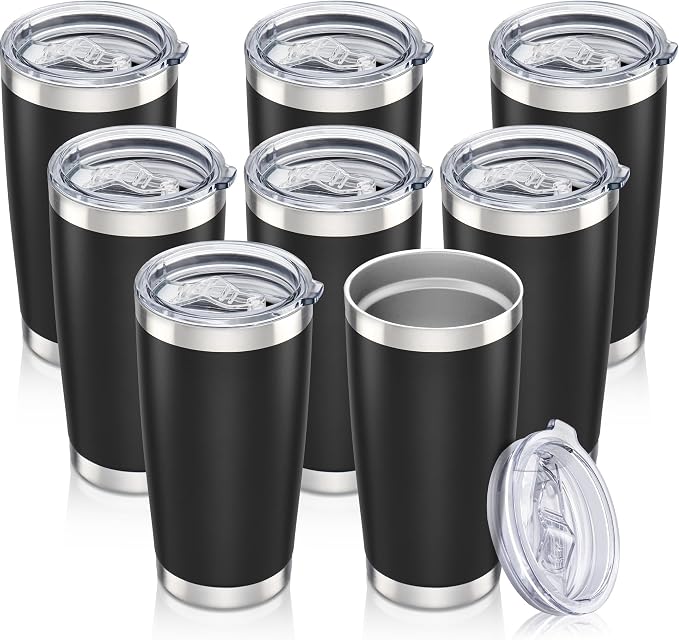 20 oz Tumbler with Lid Stainless Steel Insulated Tumblers Bulk Cups Mug | Double Wall Vacuum, Powder Coated, Keep Drinks Cold and Hot, Waterproof Lid, Fit of Car Cup Holders, Black, 8 Pack