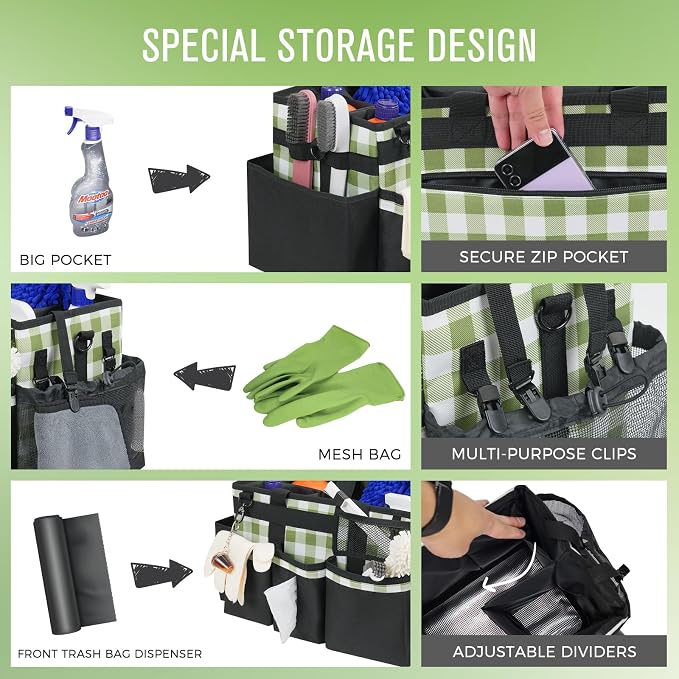 SCAVATA Wearable Cleaning Caddy, Cleaning Caddy Supplies Organizer with Handle & Shoulder Straps for Housekeepers, Under Sink & Car Cleaning Tool Organizers Bag with 4 Foldable Divider (GreenPlaid)