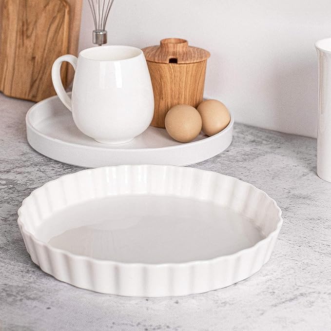 DELLING 9.5 Inch Ceramic Tart Pan Set of 2 - Porcelain Quiche Baking Dish with Fluted Edge, Round Pie Pan for Chicken Pot Pie, Cheesecake, Creme Brulee - White Oven Safe Bakeware
