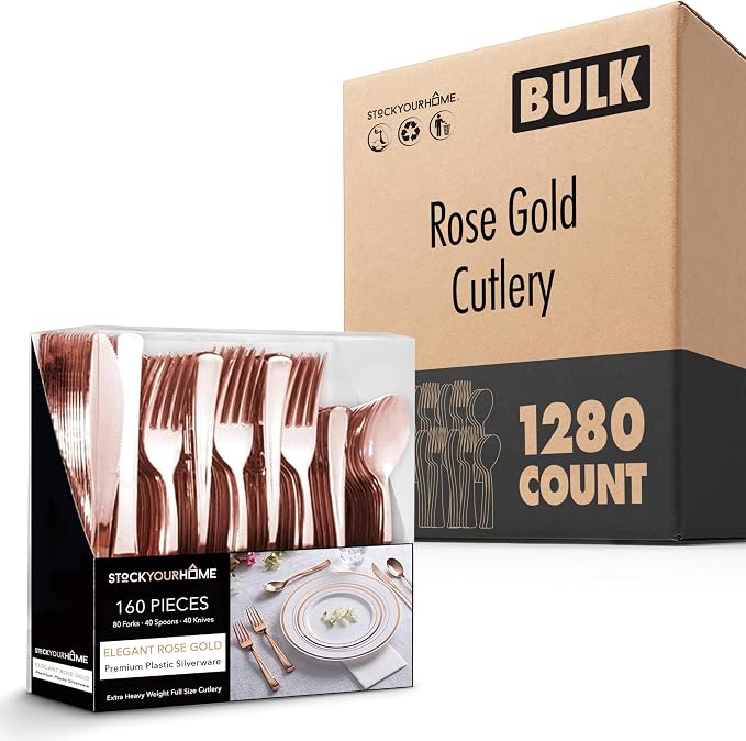 Rose Gold Plastic Silverware Set (1280 Bulk Pack) Disposable Cutlery Utensils, 80 Forks, 40 Knives, 40 Spoons, Heavy Duty Rose Gold Flatware For Holidays, Parties, Dinners, Weddings, Stock Your Home
