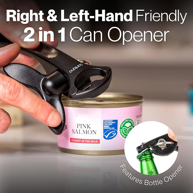 Lantana Can Opener (Smooth Edge/Safety), Handheld Manual, Bottle Cap Lifter | No sharp edges, smooth edge safety cutting, lid fits back onto can, easy grip handle, lightweight and easy to use