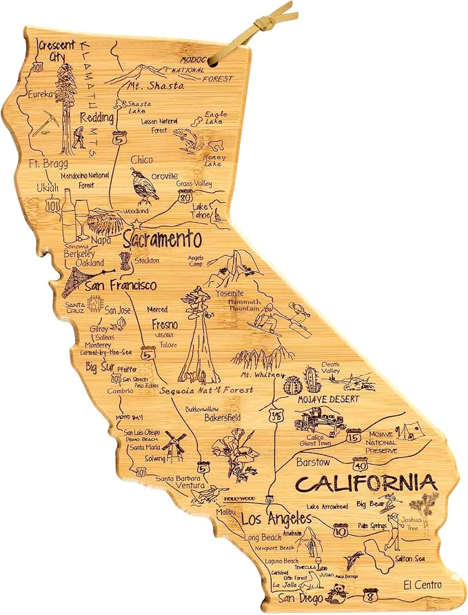 Totally Bamboo Destination California State Shaped Cutting Board | State charcuterie serving board with engraved map artwork. Smooth reverse side for food prep. Hang tie for wall display.