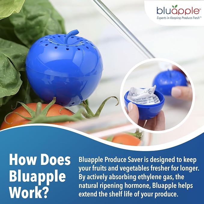BluApple Produce Saver Ethylene Gas Absorber - Fresh Fruit & Vegetable Storage for Refrigerator, Each Packet Lasts 3 Months, Produce Storage, BPA Free - Combo Pack (8 Packets & 2 for 1 Year)