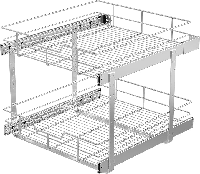 2 Tier Pull Out Cabinet Organizer 21" W X 22" D, Chromed, Full Slide Out | For Kitchen Organizers and Storage, Pull Out Drawers For Cabinets Capacity Heavy Duty Caddy, Cabinet Shelves, Bathroom Pantry