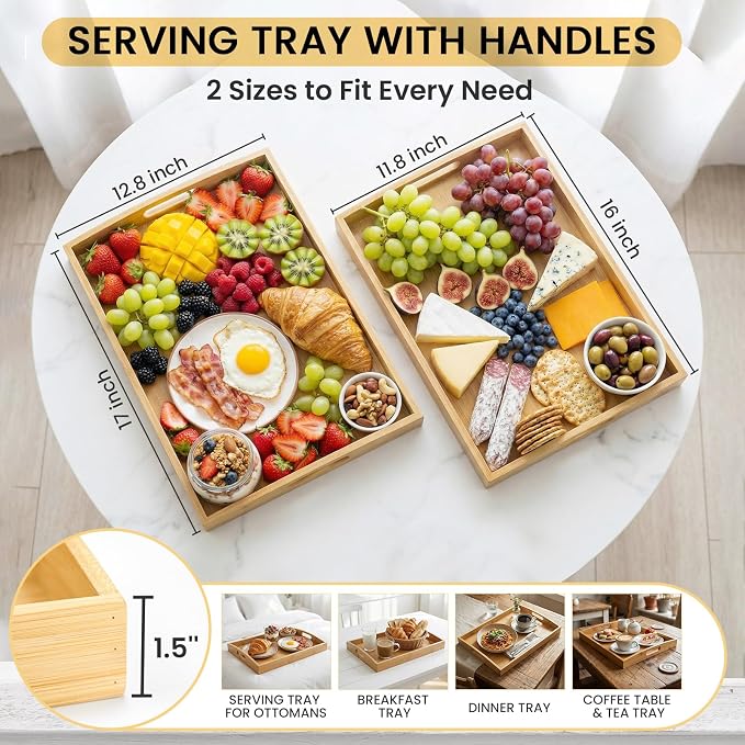 Bamboo Serving Tray Set of 2, Bamboo Trays with Handles | Decorative bamboo serving trays for serving, storage,kitchens, living rooms,bathrooms, outdoor dining 17" × 13" & 16" × 12"