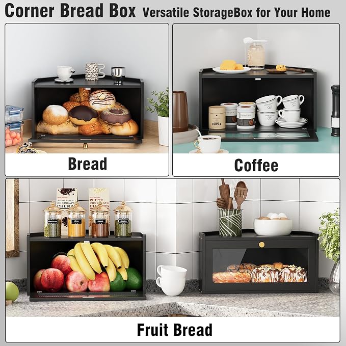 Trironsun Corner Bamboo Bread Box for Kitchen Counter Large Rustic Bread Storage Container with Acrylic Door Space-Saving Vintage Bread Keeper for Homemade Bread (Black)