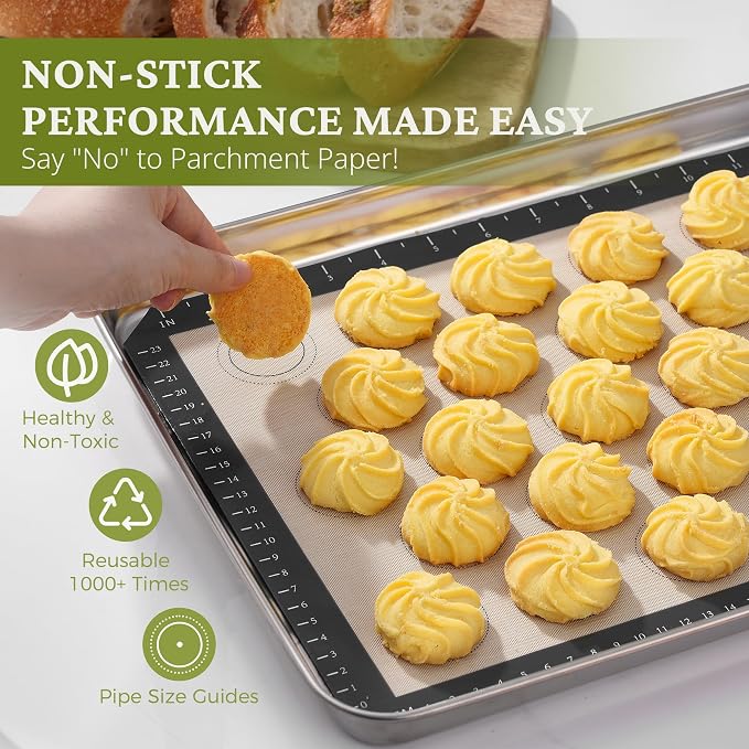 BRONYPRO 18/8 Stainless Steel Baking Sheet Set (3 Pans + 3 Mats+ 1 Rack) | Uncoated Cookie Sheets Non Toxic -PFOA & PTFE Free,Trays with Wire Rack & Macaron Silicone Mats, 9/12/16 Inch