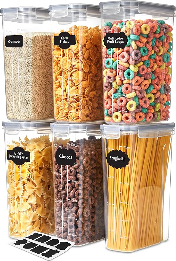 Utopia Kitchen Cereal Containers Storage Set with Lids, 6 Pack, 4L, Clear | Airtight Food Storage Containers with Lids, BPA-Free Cereal Dispensers for Pantry Organization and Storage