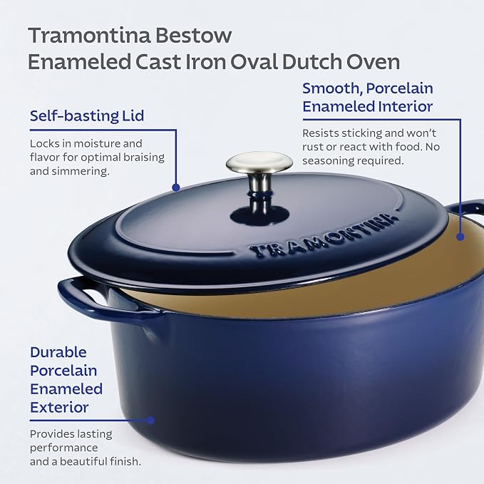 Tramontina Bestow Enameled Cast Iron 7-Qt Oval Dutch Oven Pot with Lid | Great for Braising, Roasting and Bread Baking - Blue