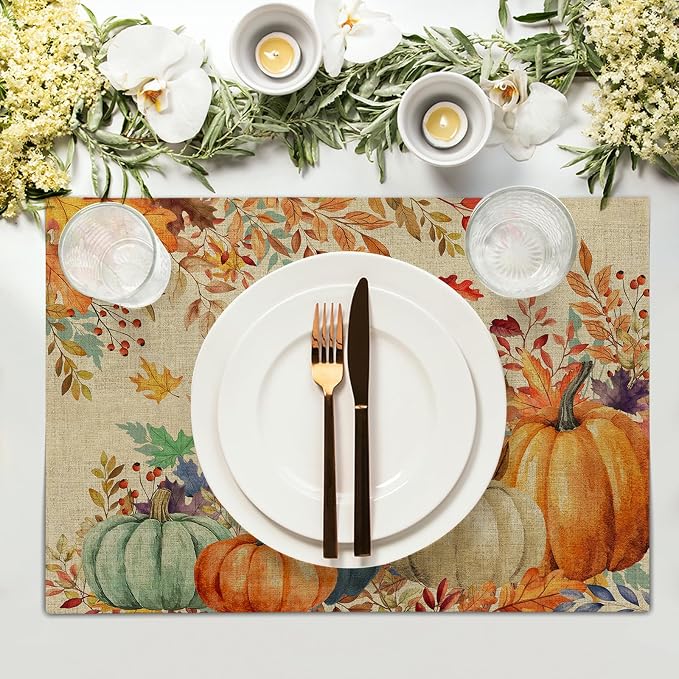 Fall Thanksgiving Placemats Set of 6 18x12 Inch Autumn Pumpkins Maple Leaves Linen Place Mats Heat-Resistant Washable Wipeable Table Mat for Party Kitchen Dining Room Dinner Table Decor