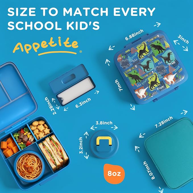 JXXM Bento Lunch Box for Kids With 8oz Soup thermo,Leak-proof Lunch Containers with 5 Compartment,thermo Food Jar and Lunch Bag, Food Containers for School (A-Blue(Dinosaur))