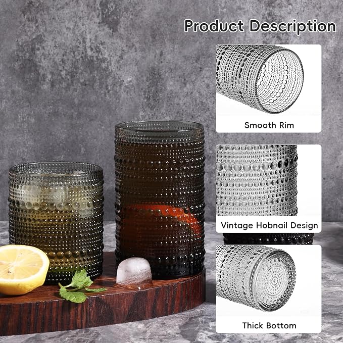 Moretoes 12 Pack Hobnail Drinking Glasses Gray Water Glass Cups Set | Mixed Vintage Glassware 6pcs 12oz Highballs & 6pcs 10oz Old Fashioned Glasses, Great for Cocktail Whisky and Other Beverages