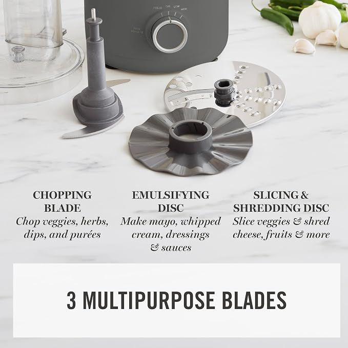 Martha Stewart 10 Cup Food Processor & Electric Chopper, One Touch Pulse | BPA-Free Bowl, 3 Multipurpose Blades, Easy Food Prep, Chop, Slice, Shred, Puree, Emulsify, Speed Dial, Wide Feed Chute, Gray