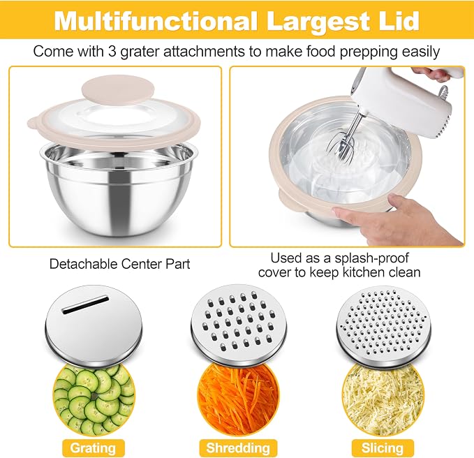 TeamFar Mixing Bowls, Stainless Steel Salad Serving Bowl with Clear Lids | with 3 Graters, For Kitchen Cooking Prepping Storing, Size 4.6/2.6/1.5/1/0.7 QT, Nesting & Airtight, Set of 5 & Multicolor