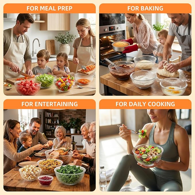 Glass Mixing Bowls with Lids Sets - 6 Packs Size: 5.9-3.7-2.1-1-0.5-0.2QT, Borosilicate Nesting Glass Bowls Containers for Baking,Salad,Meal Prep,Serving,Food Storage,BPA Free & Dishwasher Safe
