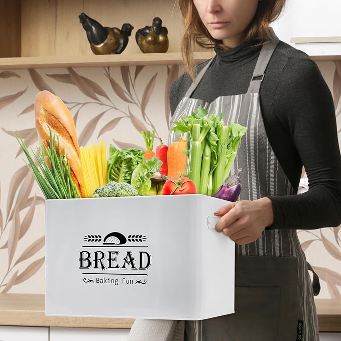 Jolitac Farmhouse Style Bread Box for Kitchen Countertop - Space-Saving Bread Storage Container with Wood Lid | Rustic Vintage Organizer for Small Kitchens & Countertop Gift (12.2”L x7.5”W x8”H)