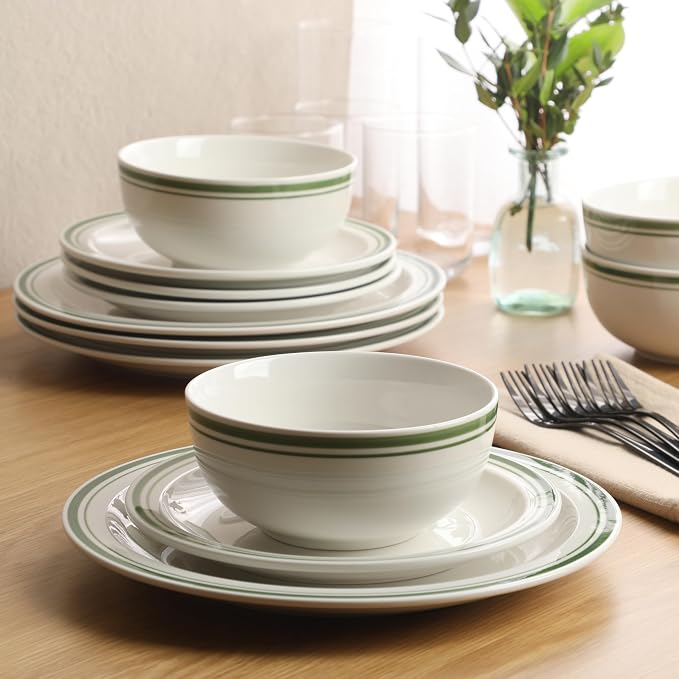 Gibson Home Hometown Diner 12-Piece Porcelain Dinnerware Set, Round Plates and Bowls Set for 4, White with Green Rim, Dishwasher Safe – Dinner Plate, Salad Plate & Cereal Bowl
