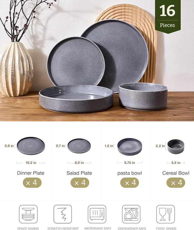 Famiware Annecy 16-Piece Stoneware Plates and Bowls, Misty Blue | Reactive Glaze Dinnerware Set with Pasta Bowls, Service for 4 - Chip & Scratch Resistant, Microwave & Dishwasher Safe