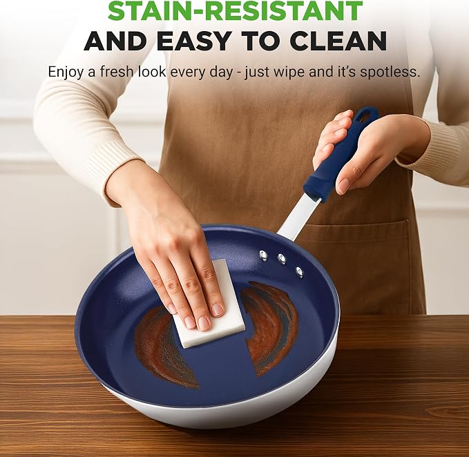 NutriChef 8" Fry Pan With Lid - Small Skillet Nonstick Frying Pan With Lid, Silicone Handle, Ceramic Coating, Blue Silicone Handle, Stain-Resistant And Easy To Clean, Professional Home Cookware