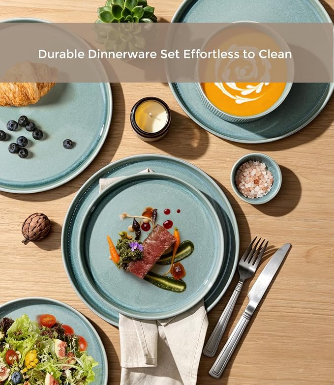 GBHOME Stoneware Dinnerware Sets for 8, 24-Piece Plates and Bowls Set | Handmade Reactive Glaze Ceramic Dish Set, Scratch Resistant, Dishwasher&Microwave Safe,Malachite Green
